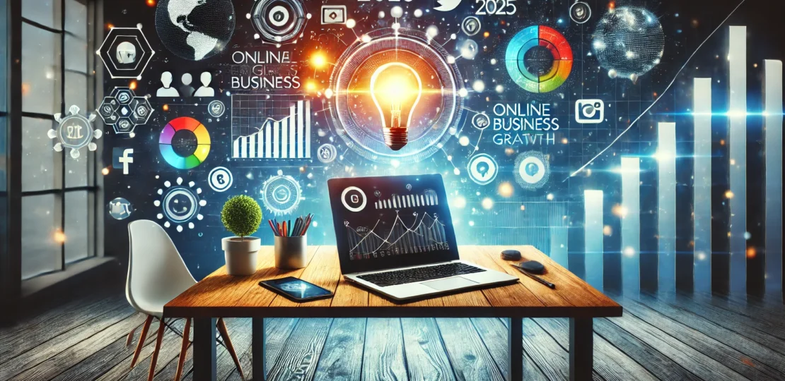 DALL·E 2025-04-17 21.47.56 – A modern digital workspace symbolizing online business growth in 2025. A futuristic, clean desk setup with a laptop displaying charts and analytics, s
